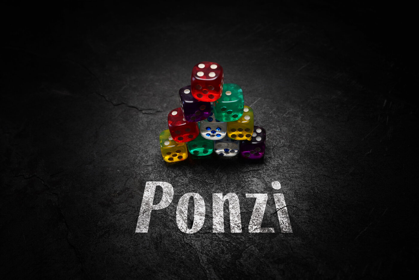 Dice stacked on each other, with "Ponzi" written on the floor