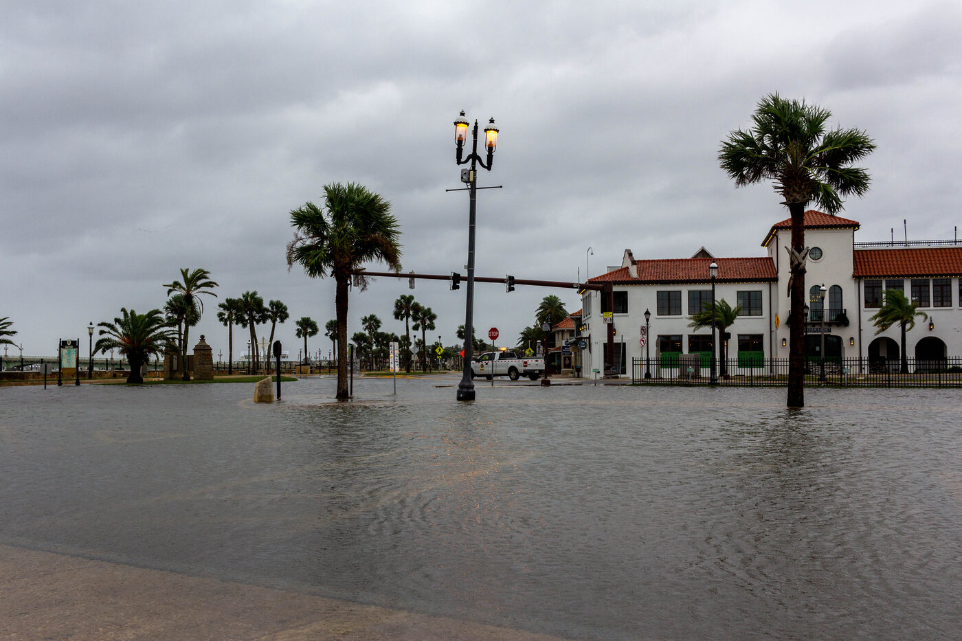 Flooded streets and parking lot near the Castillo de San Marcos after Hurricane Milton. St Augustine, Florida