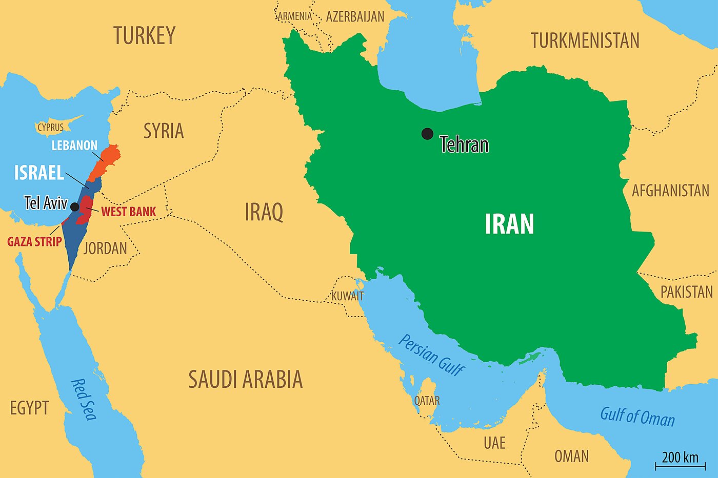 iran israel map