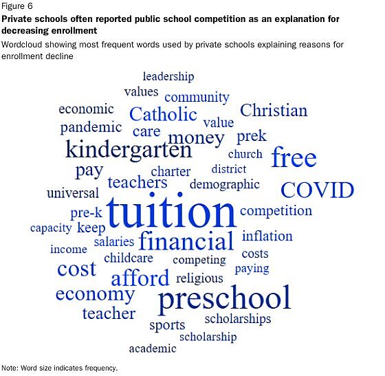 Word cloud of why private schools might be losing enrollment, highlighting financial concerns